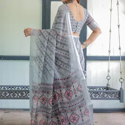 ALMAARI FASHION Geometric Woven Design Pure Linen Banarasi Saree image 4