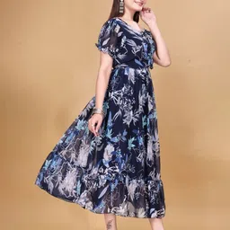 Zanies Women Floral Printed Puff Sleeve Fit & Flare Midi Dress image 3