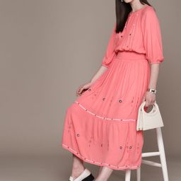 Label Ritu Kumar Floral Embroidered Puff Sleeve Fit & Flare Maxi Dress-picture-2