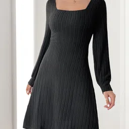 StyleCast Women Striped Square Neck Cuffed Sleeves A-Line Dress-picture-29