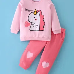 Kookie Kids Full Sleeves Winter Wear T-Shirt and Lounge Pant Set Unicorn Print - Pink-image-14