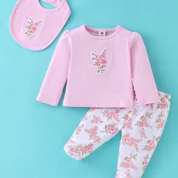 ToffyHouse Cotton Full Sleeves Night Suit with Bib Floral Print - Light Pink & White-picture-14