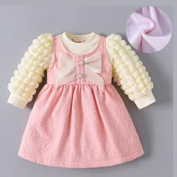 Kookie Kids Full Sleeves Textured Frock With Bow Applique - Pink-picture-25