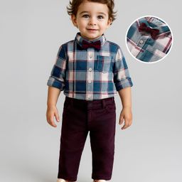 Babyoye Cotton Woven Full Sleeves Checkered Shirt & Trouser Set With Bow - Dark Green-picture-17