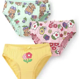 Babyoye Cotton Elastane Knit Panties With Bear & Floral Print Pack Of 3 - Yellow Pink & Light Blue-picture-13