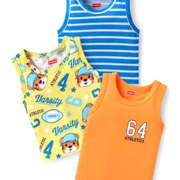 Babyhug 100% Cotton Knit Sleeveless Sandos With Stripes & Cub Print Pack of 3 - Blue Yellow & Orange-picture-30