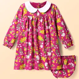Babyhug Cotton Knit Full Peasant Sleeves Peter Pan Collared Frock with Bloomer & Floral Print - Dark Pink-picture-31
