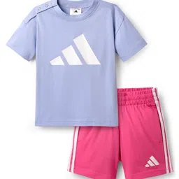 Adidas Kids Cotton Knit Half Sleeves T-Shirt & Shorts With Logo Print - Lavender & Pink-image-75