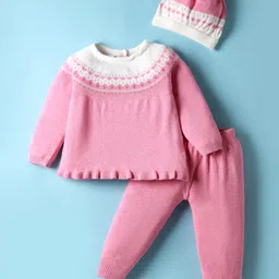 ToffyHouse Knit Full Raglan Sleeves Winter Wear Top & Lounge Pant Set With Aztec Print & Cap - Pink & White-image-44