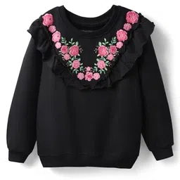 Pine Kids 100% Cotton Full Sleeves Floral Printed Sweatshirt With Frill Design - Black-picture-18