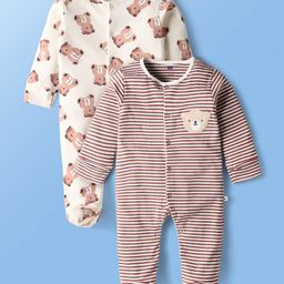 Simply Interlock Knit Full Sleeves Bear Printed Front Open Footed Sleepsuit Pack Of 2 - Multi Colour-picture-38