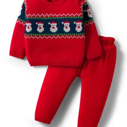 Babyhug Knitted Full Sleeves Sweater Set With Santa Claus Design - Red-picture-18