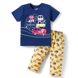 Doodle Poodle 100% Cotton Knit Half Sleeves T-Shirt & Lounge Pant Set with Vehicle Print - Yellow & Navy Blue-picture-20