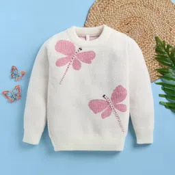 TOONYPORT Woollen Woven Full Sleeves Butterfly Designed & Pearls Embellished Sweater - White-picture-15