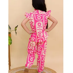 AJ Dezines Cotton Woven Frill Sleeves Floral Printed Top & Coordinating Pant Set - Pink image 3