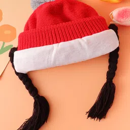 Babyhug Woolen Cap with Bow & Braids Floral Applique Red - Diameter 14 cm image 4