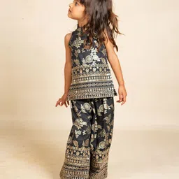 Jilmil Silk Woven Sleeveless Floral Foil Printed Sequins Embellished Short Kurti & Coordinating Palazzo Set - Black image 5