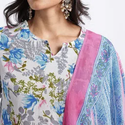 Anouk Floral Printed Pure Cotton Kurta with Trousers & Dupatta image 3