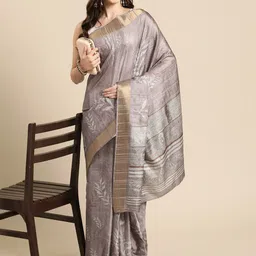 Silk Land Floral Printed Zari Block Print Saree-image-92