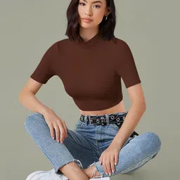 dream beauty fashion Dream Beauty top-60-bullet-coffee Women's High Neck Fitted Crop Top-picture-10