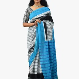 clothonus Checked Block Print Pure Cotton Saree-image-0
