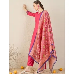 Indo Era Women Solid A-Line Kurta with Trousers & Dupatta image 5