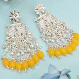 MEIRA JEWELLERY Silver Plated Kundan Stones Studded & Pearls Beaded Circular Chandbalis image 2