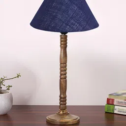 Devansh Navy Blue & Beige Textured Frustum Shaped Wooden Table Lamp image 3