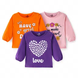 Doodle Poodle 100% Cotton Single Jersey Knit Full Sleeves Floral & Hearts Printed Tops Pack of 3 - Orange Purple & Pink-picture-16
