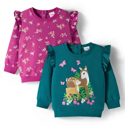 Babyhug Cotton Knit Full Sleeves Sweatshirts With Floral & Deer Print Pack of 2 - Purple & Teal Blue-image-26