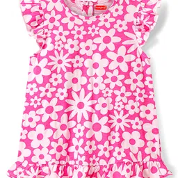 Babyhug Cotton Knit Frill Sleeves A Line Night Suit with Floral Print - Pink-image-24
