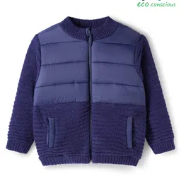 Babyoye Knit Full Sleeves Solid Color Padded Jacket - Navy Blue-image-0
