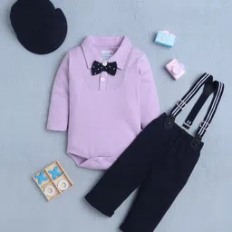 BUMZEE Cotton Knit Full Sleeves Solid Color Onesie & Pant Set With Suspender & Cap - Lavender & Navy Blue image 1