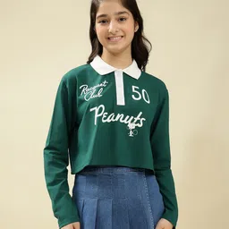 Lil Tomatoes Cotton Knit Full Sleeves Peanuts Featuring Snoopy & Peanuts Text Printed Crop Top - Green-picture-20