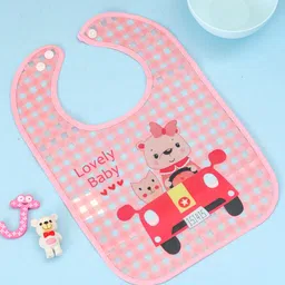 Yellow Bee PVC Baby Feeding Bib with Check Pattern with Lovely Baby Car Theme - Pink-image-99