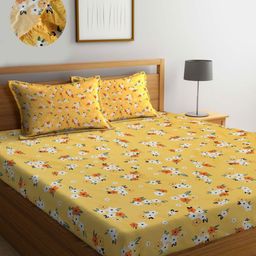 Myntra Elegant Homes Yellow & White Floral 300 TC King Bedsheet with 2 Pillow Covers-picture-33