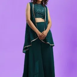 PARROT CREATION Floral Embroidered Poly Georgette Crop Top With Long Shrug & Palazzos-image-82