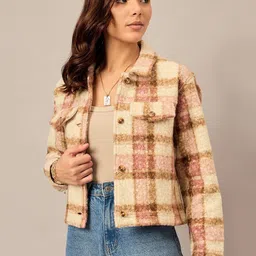 REPRISE Women Checked Crop Open Front Jacket-picture-26