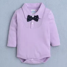 BUMZEE Cotton Knit Full Sleeves Solid Color Onesie & Pant Set With Suspender & Cap - Lavender & Navy Blue image 2