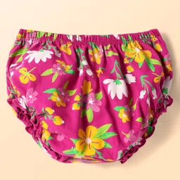 Babyhug Cotton Knit Full Peasant Sleeves Peter Pan Collared Frock with Bloomer & Floral Print - Dark Pink image 5