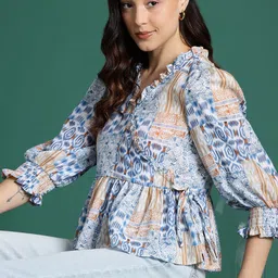 DressBerry Geometric Printed Puff Sleeves Wrap Top-image-0