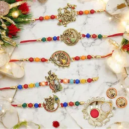 MEIRA JEWELLERY Set Of 5 Beaded Radha Krishna Rakhi Comes with Roli Chawal & Greeting Card-picture-33