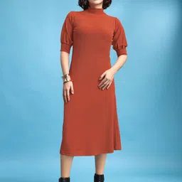 PURVAJA Women Ruby Solid Puff Sleeve High Neck Knee Length A-Line Midi Dress-image-87