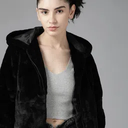 Roadster Women Black Solid Faux Fur Hooded Sherpa Jacket-picture-30