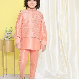 AJ Dezines Full Sleeves Solid Kurta & Pyjama With Geometry Design Sequin Embellished & Embroidered Jacket - Peach-picture-22