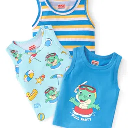 Babyhug 100% Cotton Sleeveless Sandos Striped & Crocodile Print Pack of 3 - Blue-picture-26