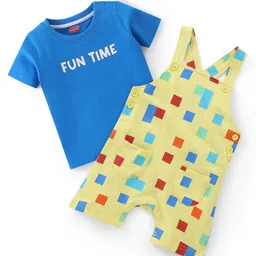 Babyhug Single Jersey Knit Blocks Printed Dungaree with Half Sleeves T-Shirt - Yellow & Blue-picture-28