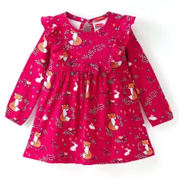 Babyhug Single Jersey Knit Full Sleeves Frock With Animals Print & Frill Detailing - Red-picture-28