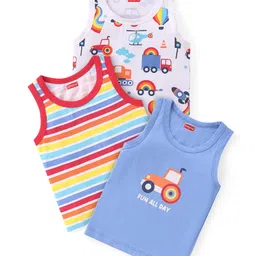 Babyhug 100% Cotton Single Jersey Knit Sleeveless Sandos with Stripes & Vehicle Print Pack of 3 - White & Blue-image-80