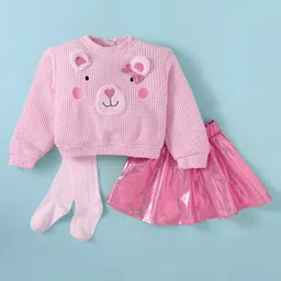 Little Kangaroos Fleece Woven Full Sleeves Winter Top & Skirt Set With Animal Applique & Stockings - Pink-image-1